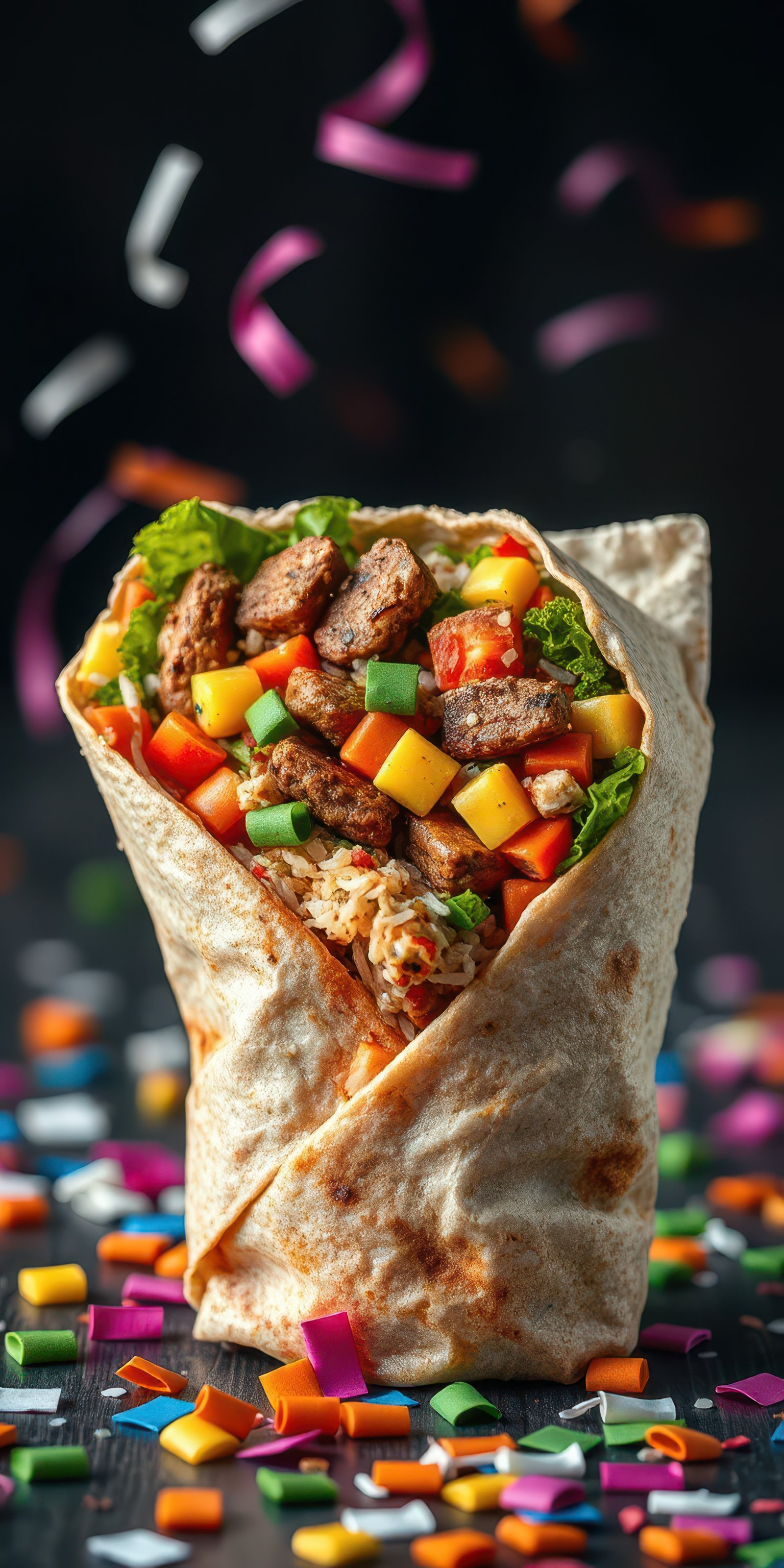 Colorful wrap packed with fresh vegetables and seasoned meat served against a festive backdrop